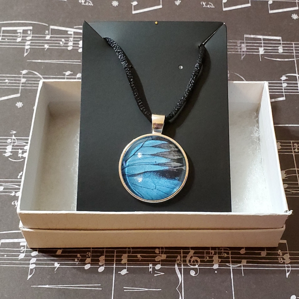 NEW Blue Butterfly Wing Pendant On Silk Cord